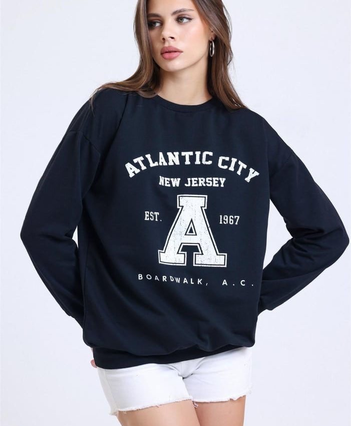 Crew Neck Printed Basic Casual Sweatshirt - Black